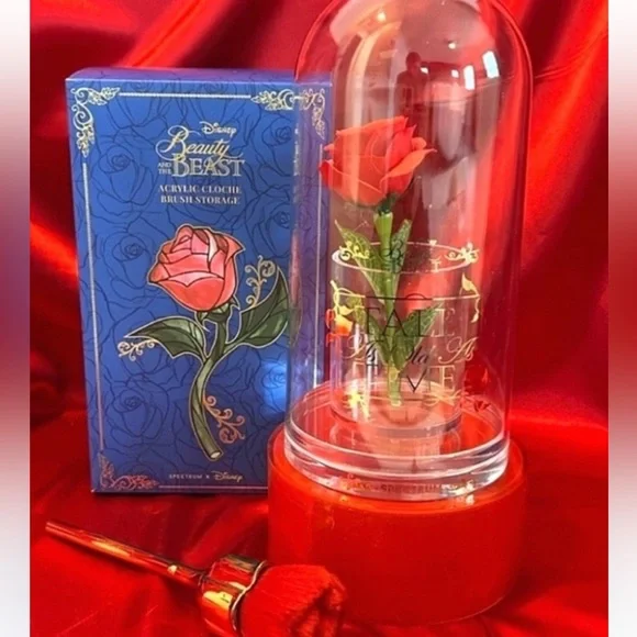 NWT RARE💗Disney Beauty and the Beast Red Rose Acrylic Cloche Brush Storage💗💗💗